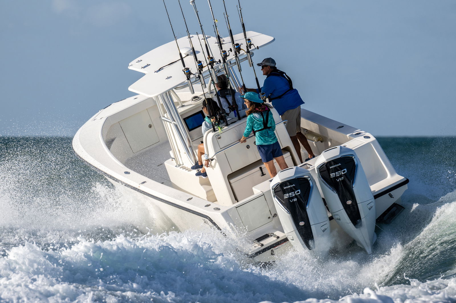 A boat powered by two Honda BF350 V8 outboards